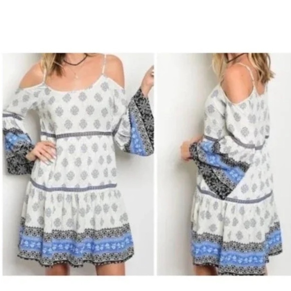 entro Women’s Blue White Boho Spaghetti Strap Cold Shoulder Midi Dress M…